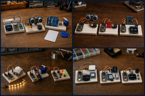 ESP32 Beginner Kit: twelve example projects you can build, from a digital kitchen scale to a GPS display (illustrative images)