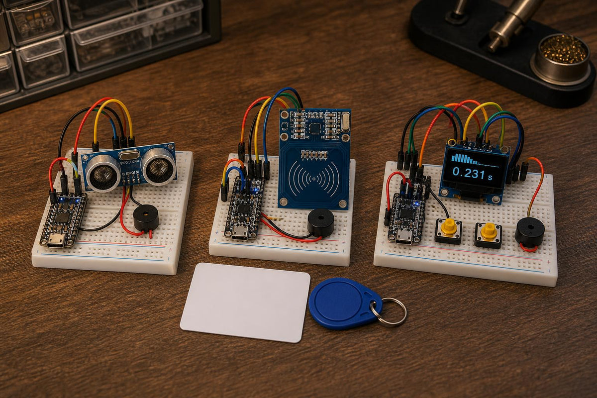 Example builds from the ESP32 Builder Kit: a distance warning system, an RFID access demo and a reaction timer game (illustrative image)