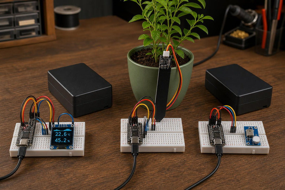 Example builds from the ESP32 Builder Kit: a mini weather station, a smart plant monitor and a room temperature monitor, each with its project enclosure (illustrative image)