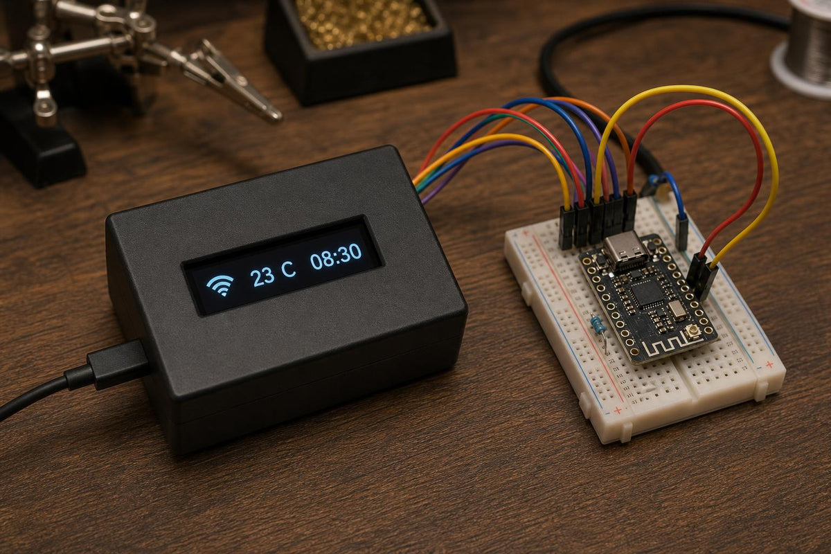 Example build from the ESP32 Builder Kit: a home status display in its project enclosure (illustrative image)