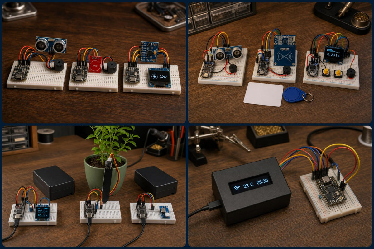 ESP32 Builder Kit: all ten example projects you can build, from a touch piano to a weather station and home status display (illustrative images)