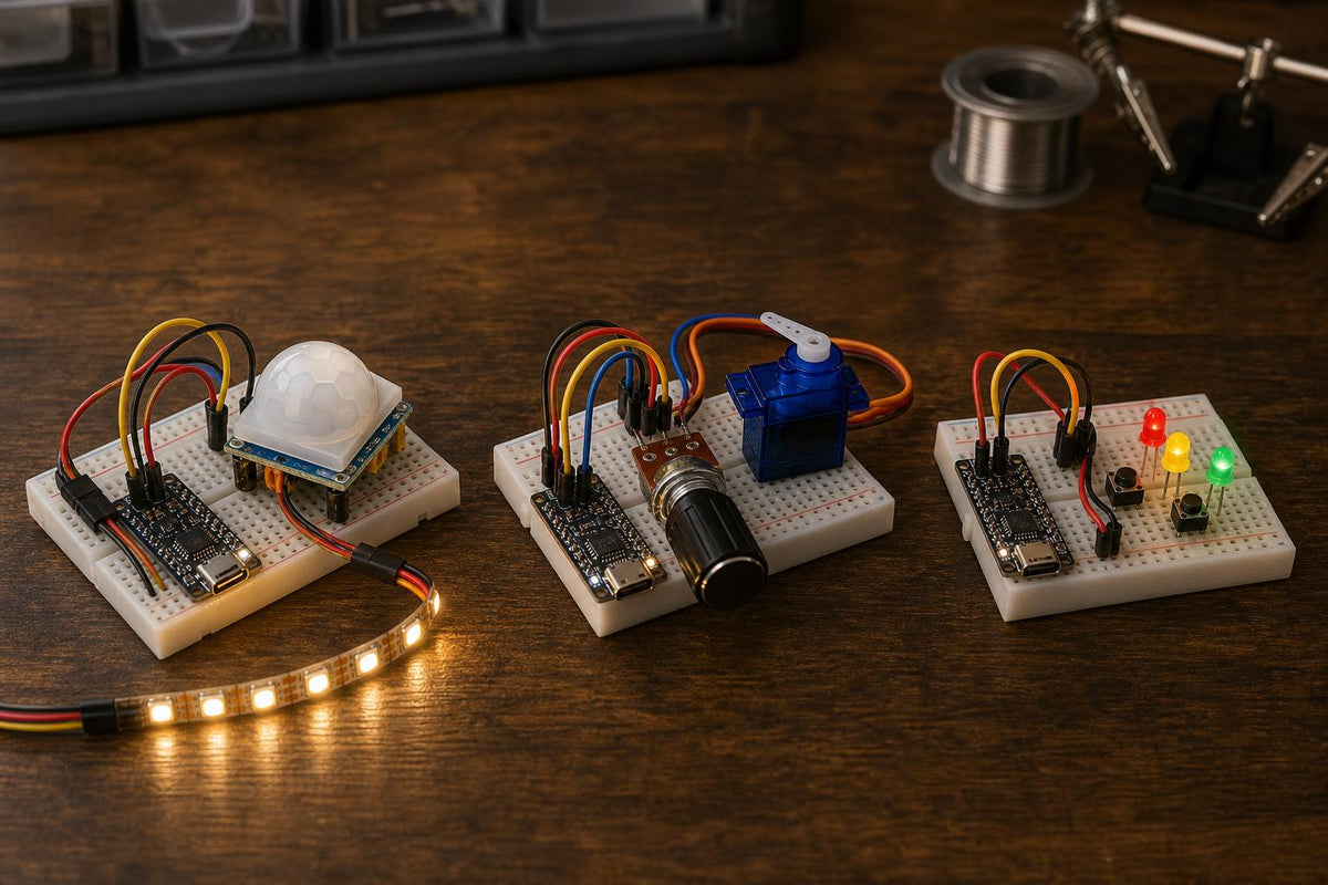 Example builds from the ESP32 Beginner Kit: a motion-activated desk light, a servo position controller and electronic dice (illustrative image)