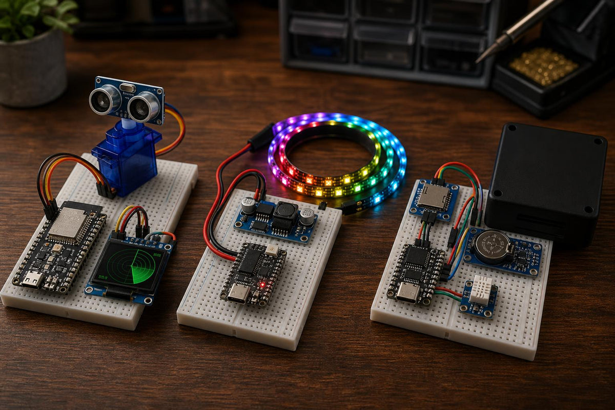 Example builds from the ESP32 Master Kit: an ultrasonic radar display, Bluetooth-controlled LED lights and a wireless data logger (illustrative image)