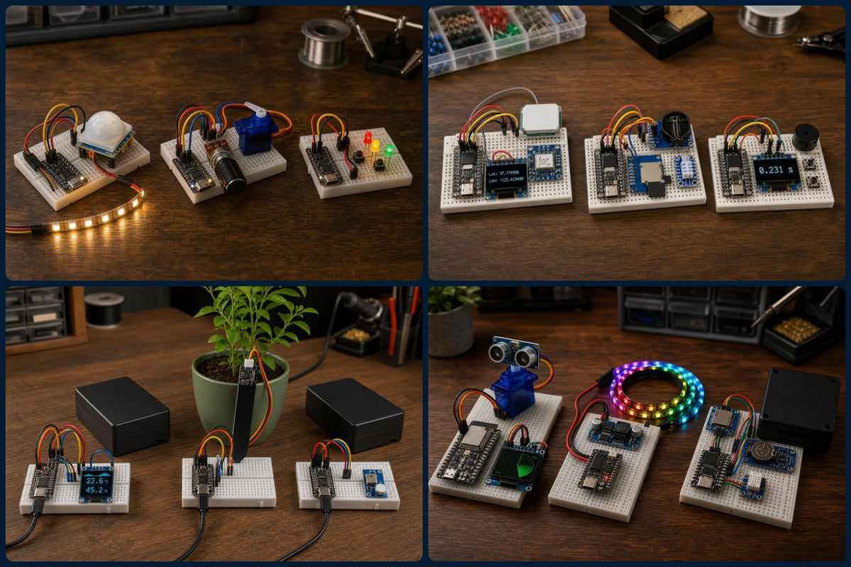 ESP32 Master Kit: twelve of its example projects, from a motion-activated desk light to an ultrasonic radar display (illustrative images)