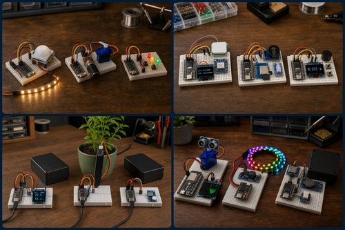 ESP32 Master Kit: twelve of its example projects, from a motion-activated desk light to an ultrasonic radar display (illustrative images)