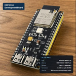 ESP32-S3 development board showing its dual-core Xtensa LX7 chip, 8MB PSRAM/16MB Flash, Wi-Fi 4 + Bluetooth 5, dual USB-C ports, and up to 45 GPIO pins.