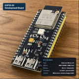 ESP32-S3 development board showing its dual-core Xtensa LX7 chip, 8MB PSRAM/16MB Flash, Wi-Fi 4 + Bluetooth 5, dual USB-C ports, and up to 45 GPIO pins.