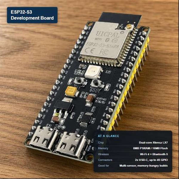 ESP32-S3 development board showing its dual-core Xtensa LX7 chip, 8MB PSRAM/16MB Flash, Wi-Fi 4 + Bluetooth 5, dual USB-C ports, and up to 45 GPIO pins.
