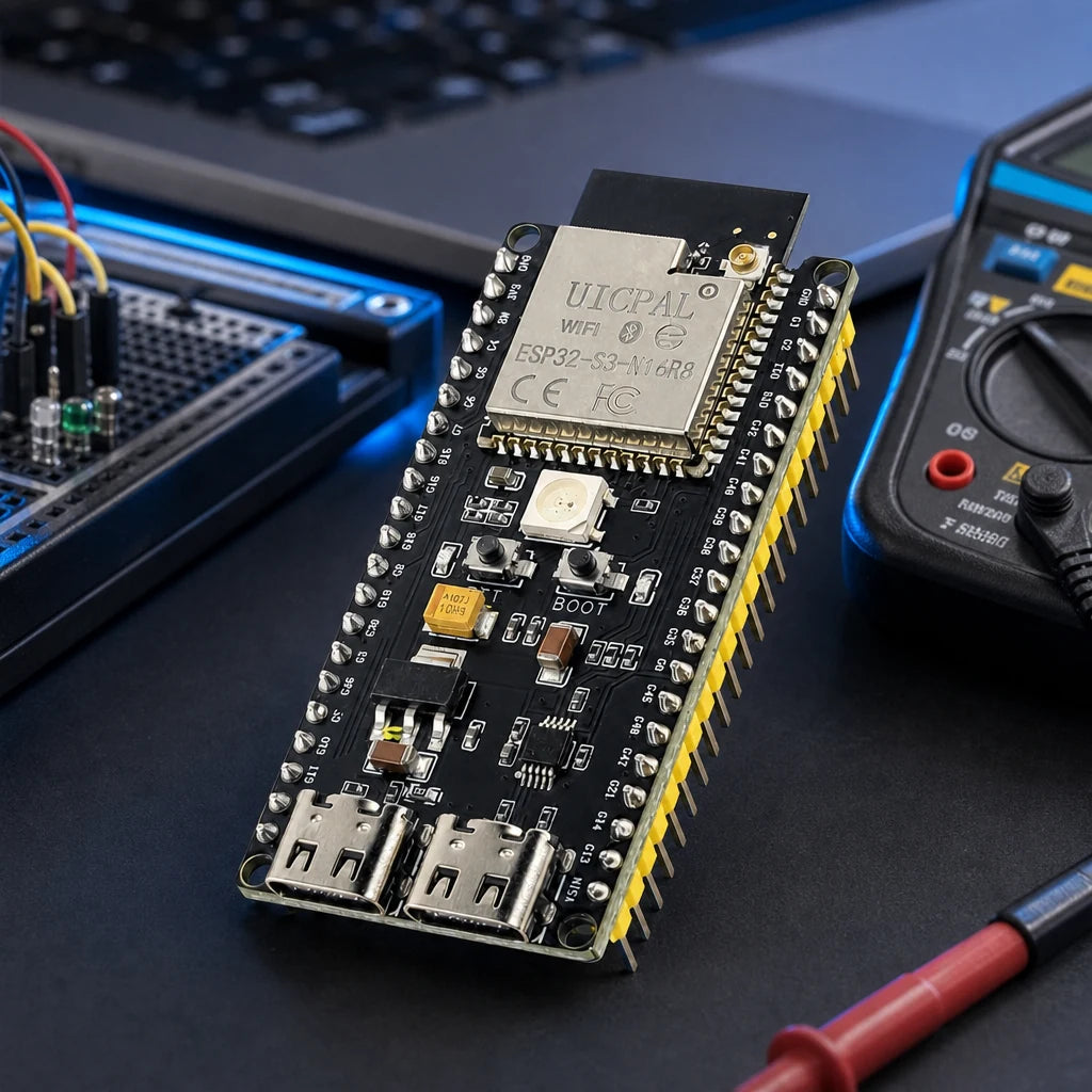 ESP32-S3 development board with dual USB-C ports in sharp focus on a dark electronics workbench with test equipment, a breadboard, and a laptop softly out of focus in the background.