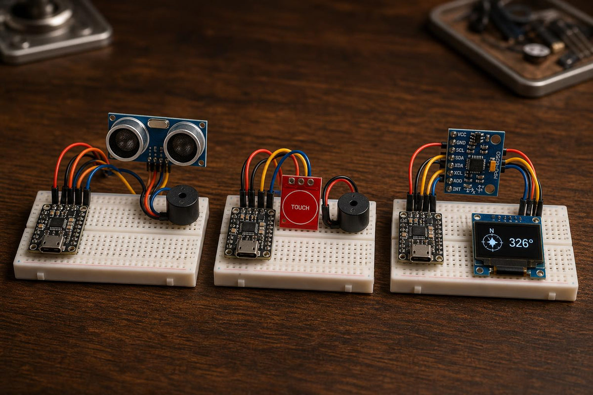 Example builds from the ESP32 Starter Kit: an ultrasonic theremin, a capacitive touch piano and a compass and tilt display (illustrative image)