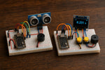 Example builds from the ESP32 Starter Kit: a distance warning system and a reaction timer game (illustrative image)