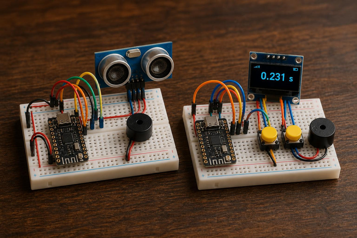 Example builds from the ESP32 Starter Kit: a distance warning system and a reaction timer game (illustrative image)