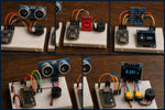 ESP32 Starter Kit: all five example projects you can build - ultrasonic theremin, touch piano, compass and tilt display, distance warning system and reaction timer game (illustrative images)