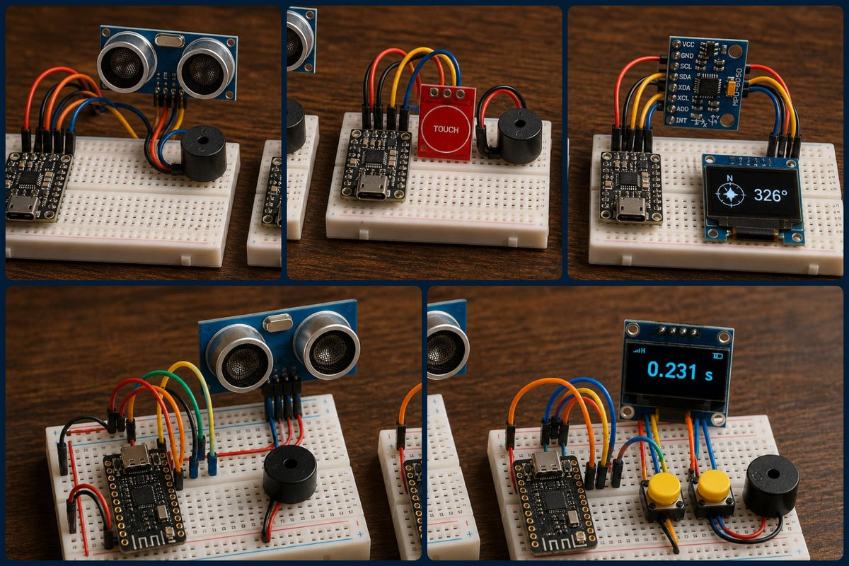 ESP32 Starter Kit: all five example projects you can build - ultrasonic theremin, touch piano, compass and tilt display, distance warning system and reaction timer game (illustrative images)