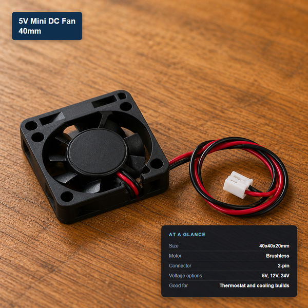5V mini 40mm DC fan with 2-pin connector and at-a-glance spec card showing brushless motor and voltage options