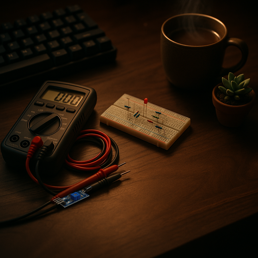 Real IR flame sensor module composited onto a moody workbench scene with a multimeter, a breadboard with LED and resistors, a mug of tea, and a small succulent plant.