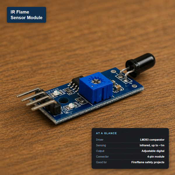IR flame sensor module with LM393 comparator and IR receiver, labeled with its at-a-glance specs: infrared flame detection up to about 1 meter, adjustable digital output, 4-pin connector.
