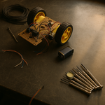 Real tin of solder flux paste composited onto a dark scratched-metal desk scene with a 2-wheel robot chassis, a 9V battery, wiring, a screwdriver set, and a coiled ribbon cable.