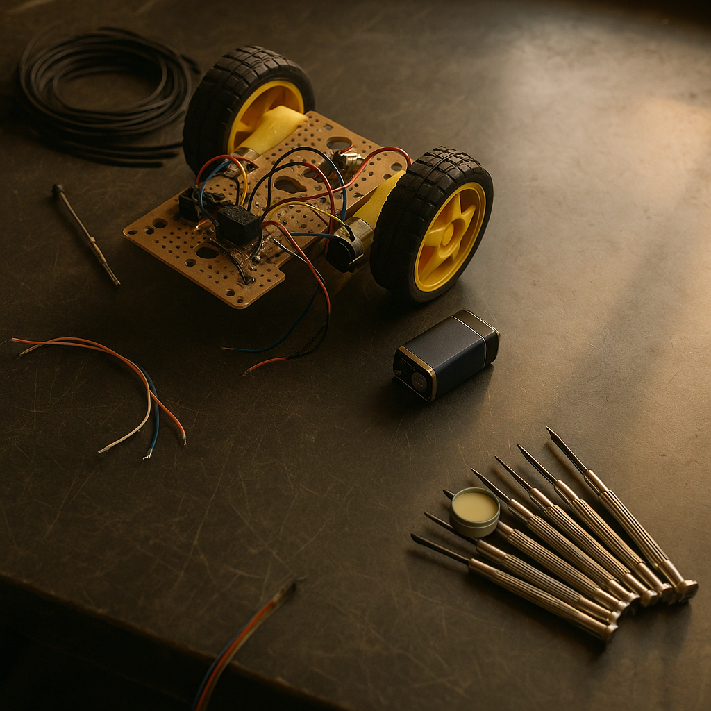 Real tin of solder flux paste composited onto a dark scratched-metal desk scene with a 2-wheel robot chassis, a 9V battery, wiring, a screwdriver set, and a coiled ribbon cable.
