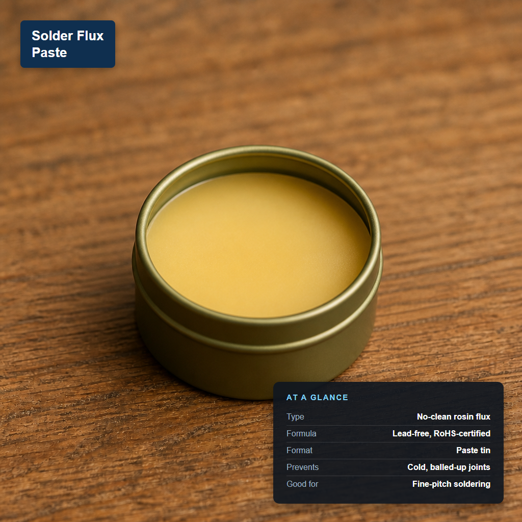 Open tin of solder flux paste, labeled with its at-a-glance specs: no-clean rosin flux, lead-free and RoHS-certified, prevents cold or balled-up solder joints on fine-pitch work.