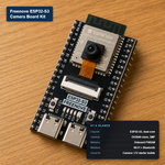 Freenove ESP32-S3 Camera Board Kit on a wooden surface, featuring a black PCB with a camera module, USB-C ports, and a white connector, with text overlays detailing specifications.