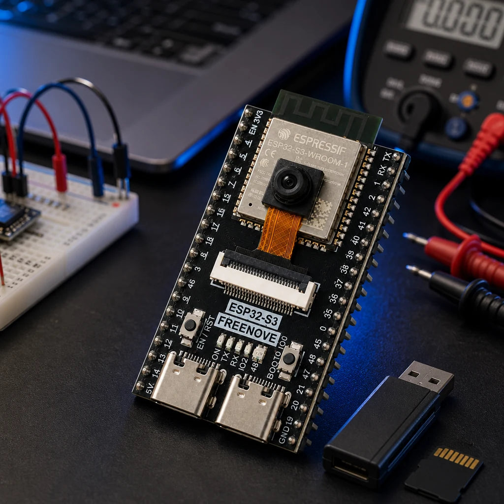 ESPRESSIF FreeNove ESP32 S3 development board with integrated camera, USB ports, and a small SD card, shown on a dark tabletop with a laptop, breadboard, multimeter, and test leads in the background.