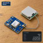 NEO-6M GPS module with ceramic patch antenna and at-a-glance spec card showing UART interface and satellite positioning