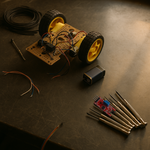 Real Hall effect sensor module (KY-024) composited onto a dark scratched-metal desk scene with a 2-wheel robot chassis, a 9V battery, wiring, a screwdriver set, and a coiled ribbon cable.