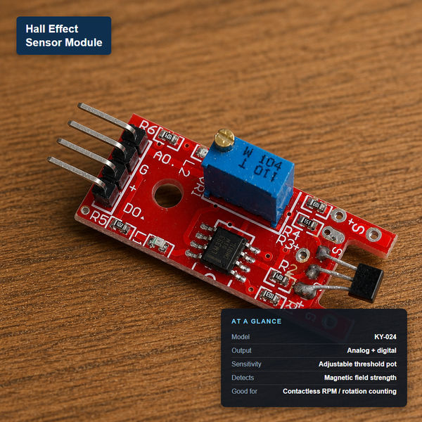 Hall effect sensor module KY-024, red PCB with adjustable threshold potentiometer and 4-pin header, labeled with its at-a-glance specs: analog and digital output, adjustable sensitivity, contactless RPM sensing.