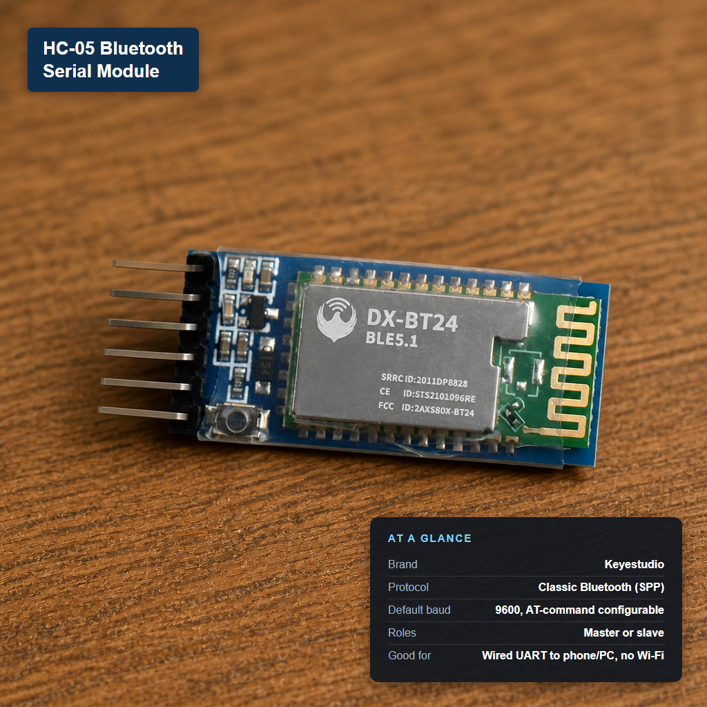 HC-05 Bluetooth serial module with metal shield and 6-pin header, labeled with its at-a-glance specs: Keyestudio brand, classic Bluetooth SPP protocol, 9600 default baud rate, master/slave roles, wired UART use.