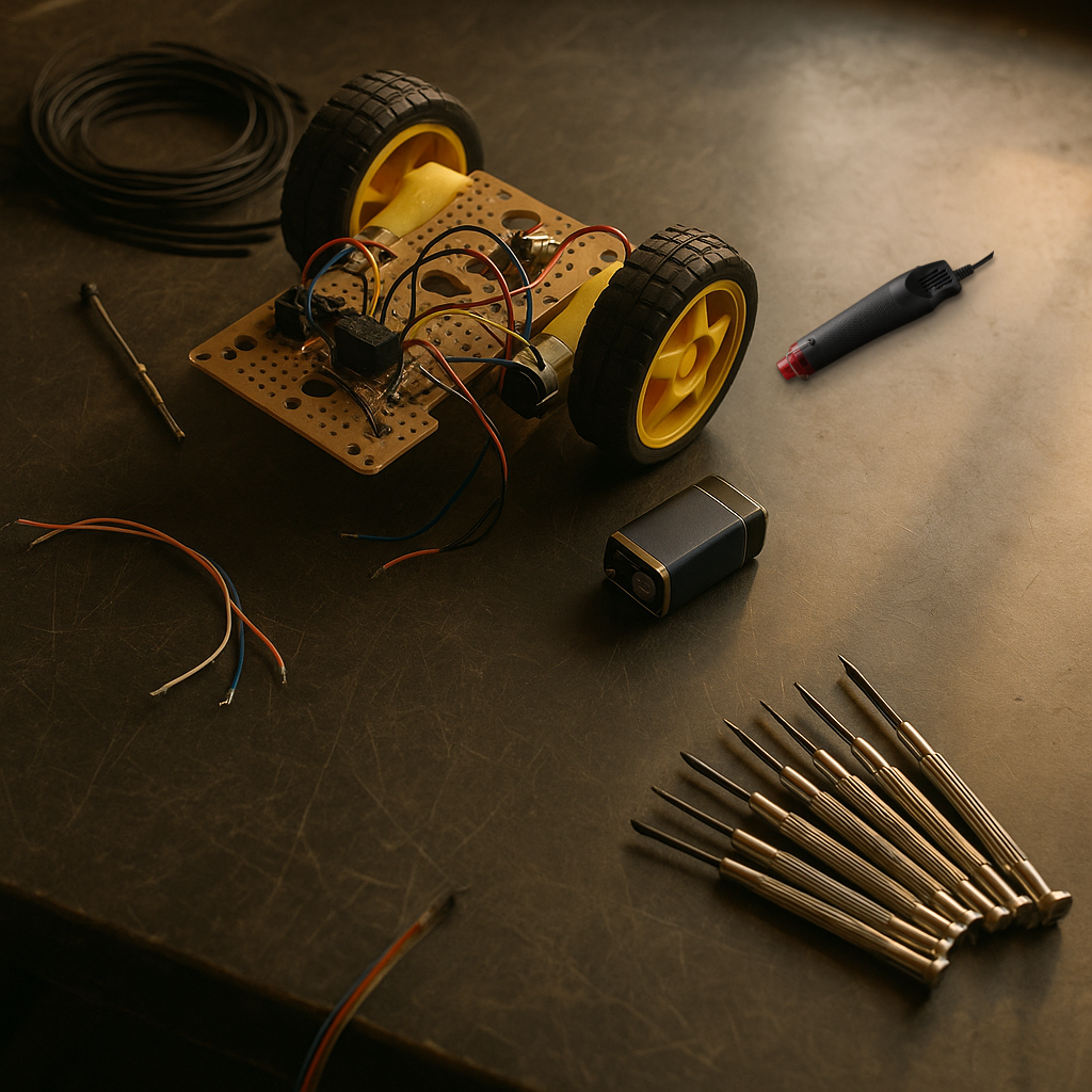 Real mini hot air heat gun composited onto a robotics project desk scene: a small robot chassis with wheels, a 9V battery, zip ties, and a fanned-out screwdriver set.