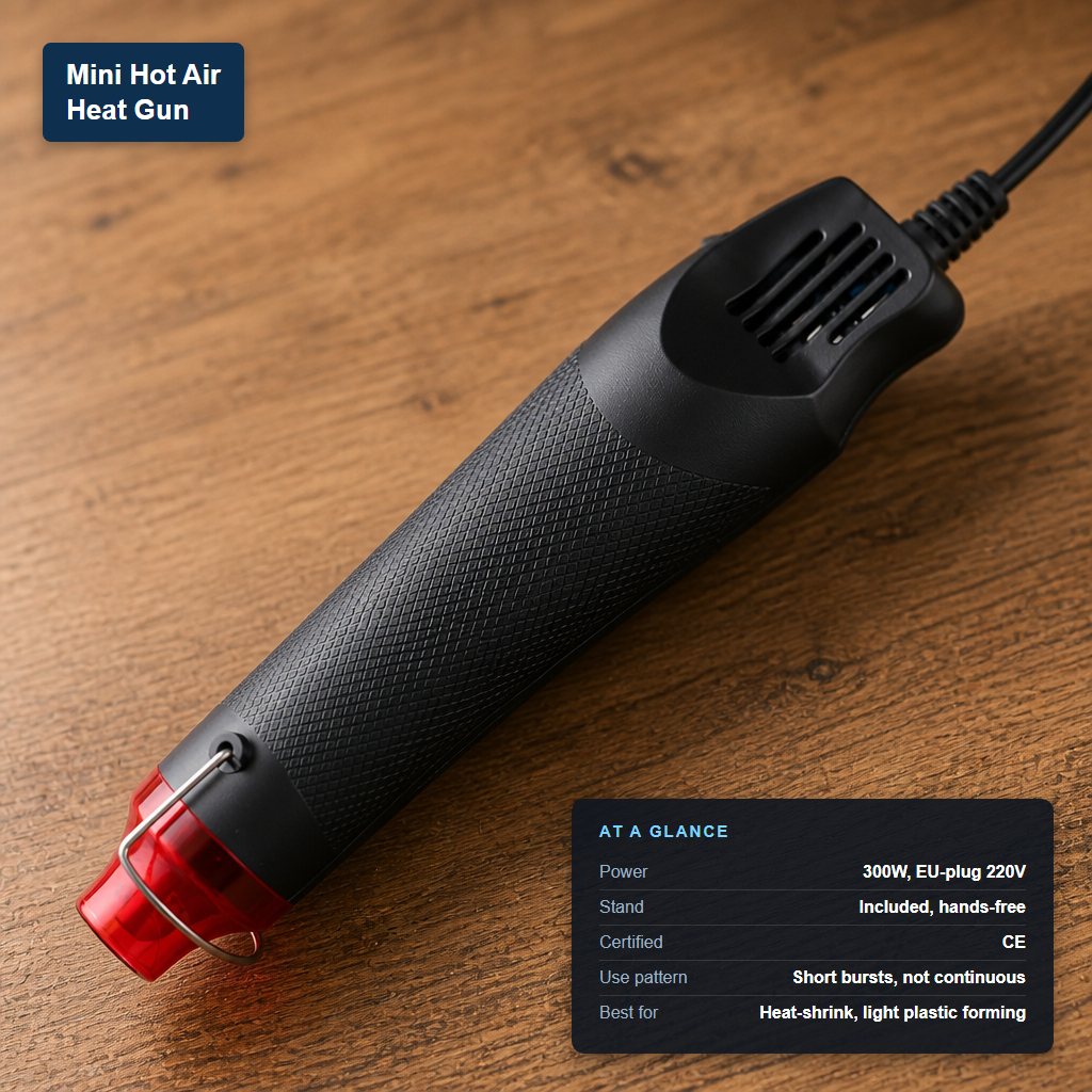 Mini hot air heat gun, black with a red nozzle tip and support stand wire, labeled with its at-a-glance specs.