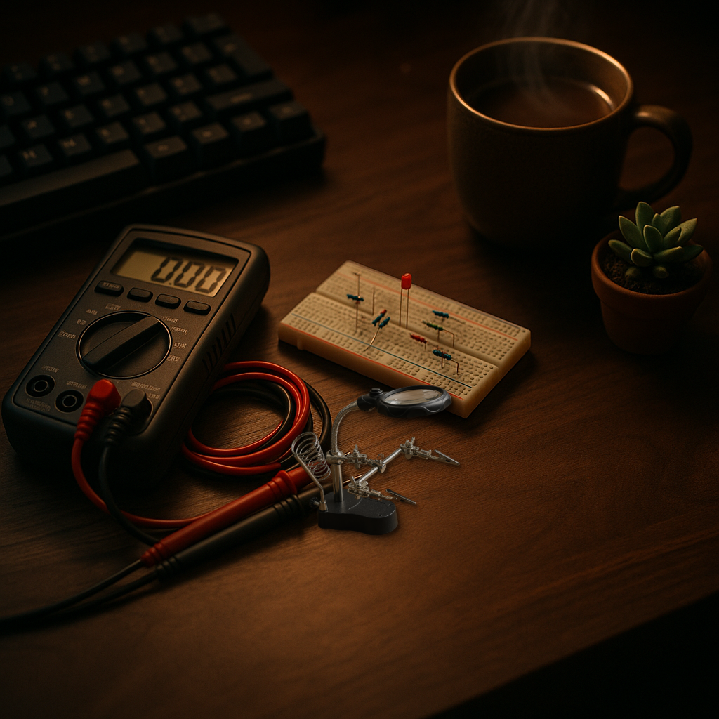 Real helping hands soldering stand composited onto a moody workbench scene with a multimeter, a breadboard with LED and resistors, a mug of tea, and a small succulent plant.