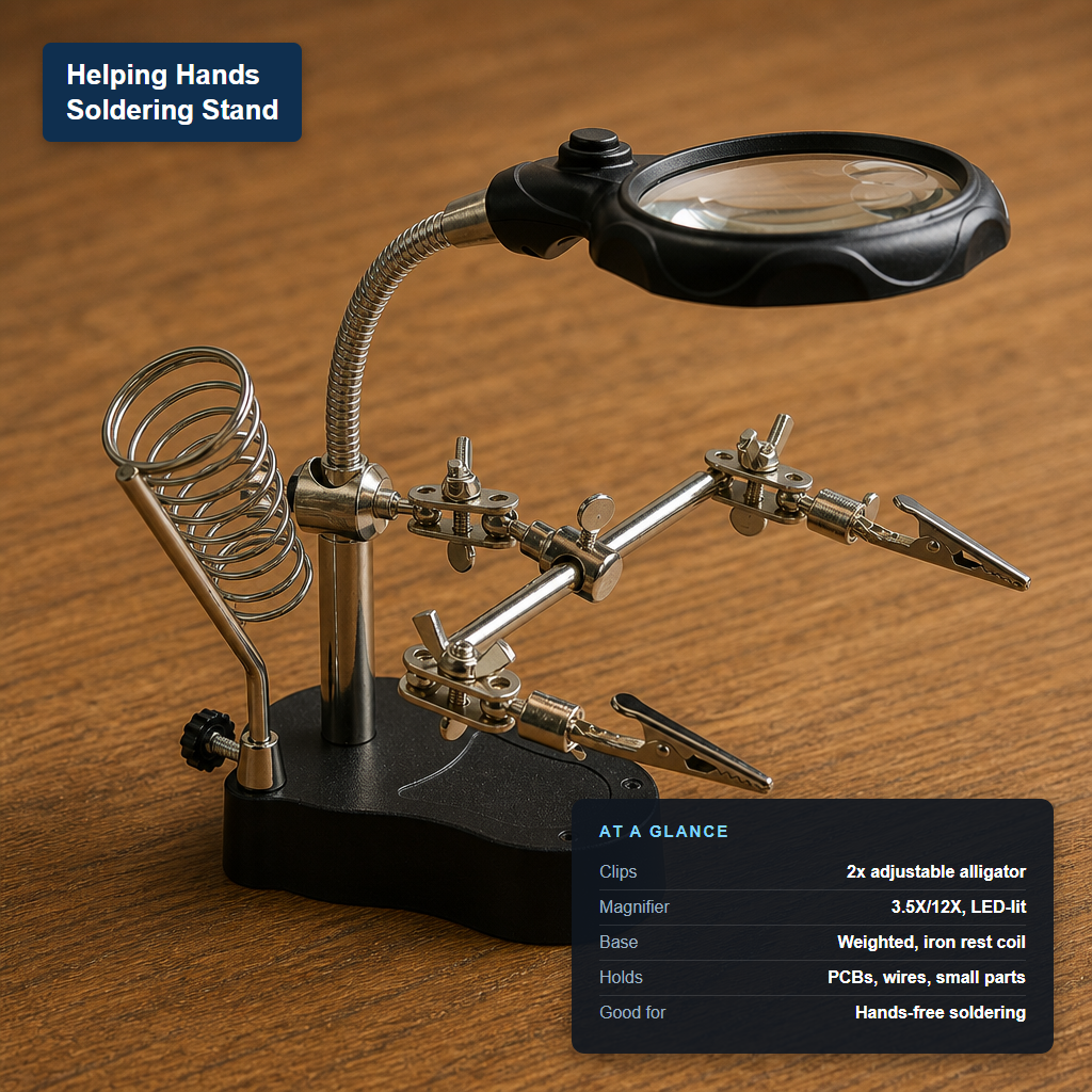 Helping hands soldering stand with two adjustable alligator clips, an LED-lit magnifier, and a weighted base with an iron rest coil, labeled with its at-a-glance specs: 3.5X/12X magnification, holds PCBs and wires.