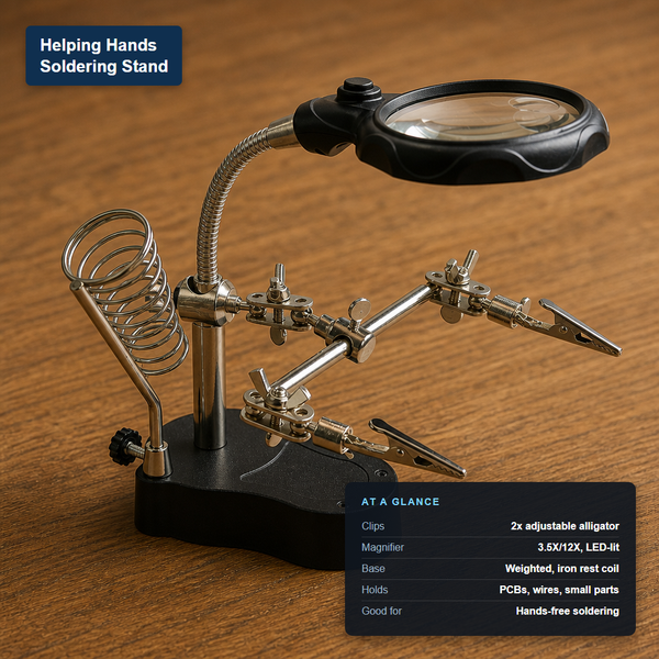 Helping hands soldering stand with two adjustable alligator clips, an LED-lit magnifier, and a weighted base with an iron rest coil, labeled with its at-a-glance specs: 3.5X/12X magnification, holds PCBs and wires.