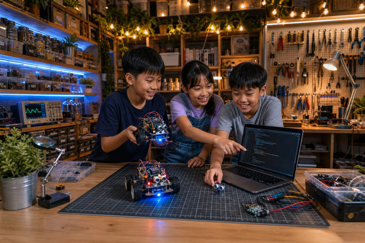 Three kids gather around a workbench -- one holds a small robot car while the others point at code on a laptop screen.