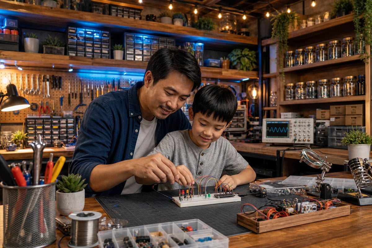 A father guides his young son's hands over a wiring project on the workbench, with an oscilloscope showing a sine wave in the background.