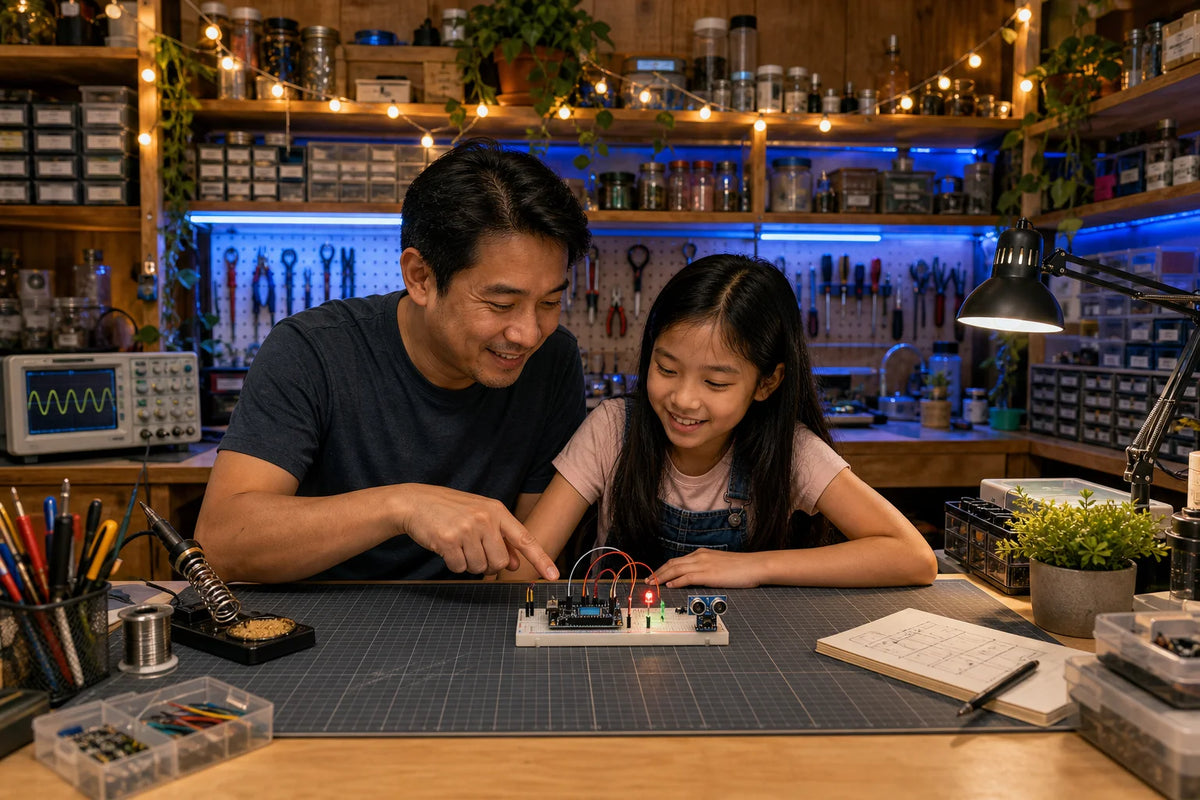 A father and daughter smile together at an electronics workbench, with an oscilloscope showing a sine wave and soldering tools in the foreground.