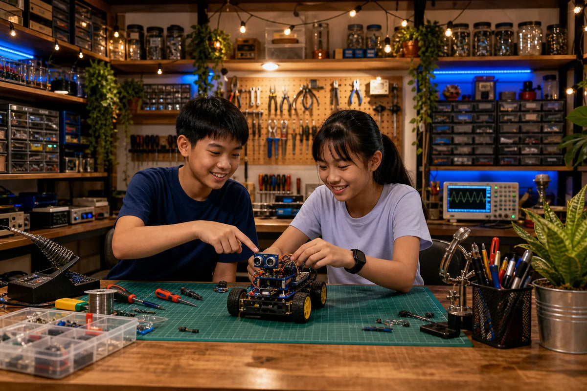 Two kids work together on a small circuit with an ultrasonic sensor module, smiling as they point out a connection on the workbench.