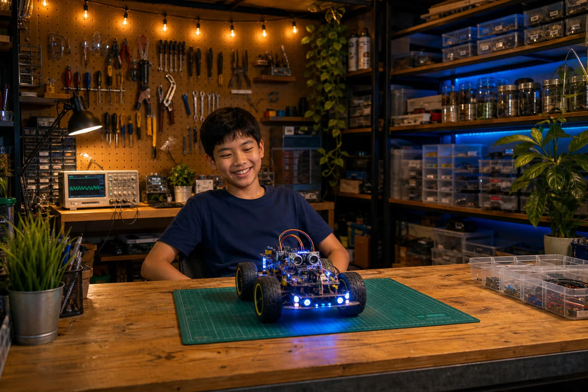A boy smiles proudly next to a finished two-wheel robot car with an ultrasonic sensor mounted on the front, sitting on his workbench.