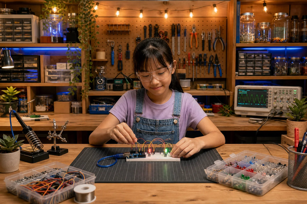 A girl wearing safety glasses works closely at an electronics workbench surrounded by tools and component bins, with a blue-lit shelf of parts in the background.
