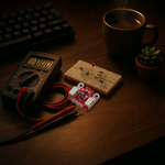 INA219 current sensor module on a moody workbench beside a multimeter and a breadboard with an LED circuit
