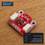 INA219 current and voltage sensor module with at-a-glance spec card showing I2C interface and bidirectional power sensing