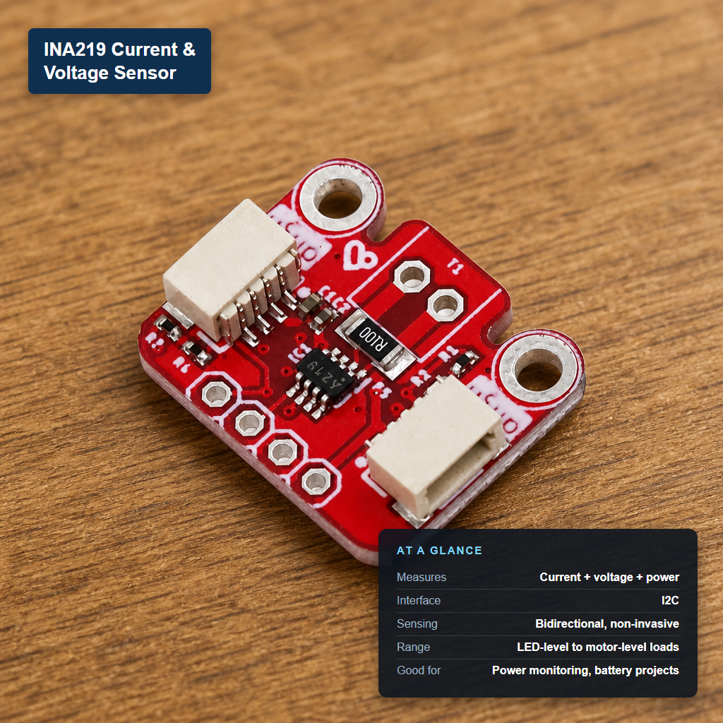 INA219 current and voltage sensor module with at-a-glance spec card showing I2C interface and bidirectional power sensing