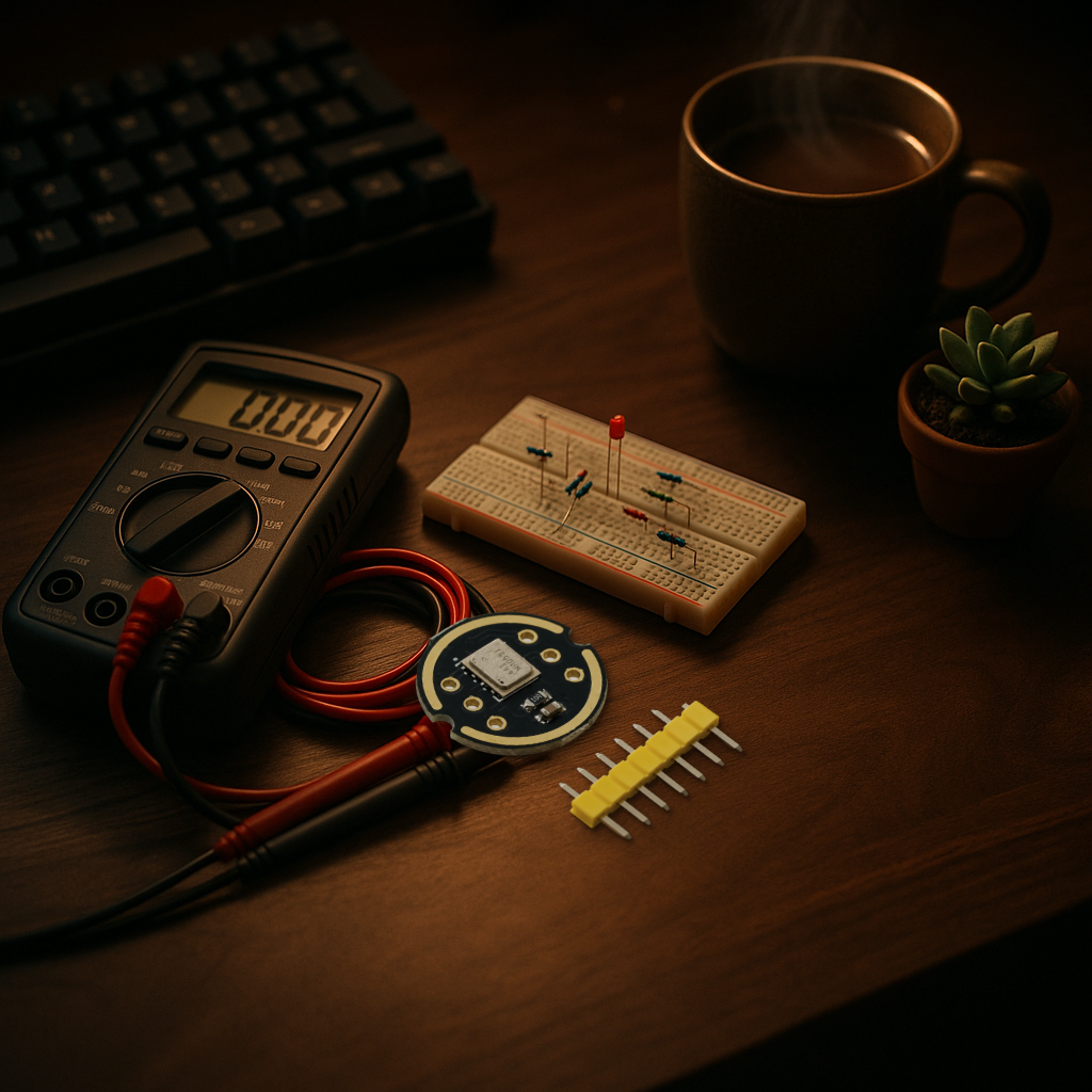 INMP441 microphone module on a moody workbench beside a multimeter, breadboard, and a mug of coffee