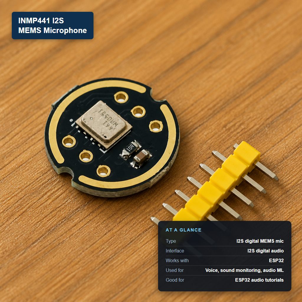 INMP441 I2S MEMS microphone module with at-a-glance spec card showing I2S digital interface and ESP32 compatibility