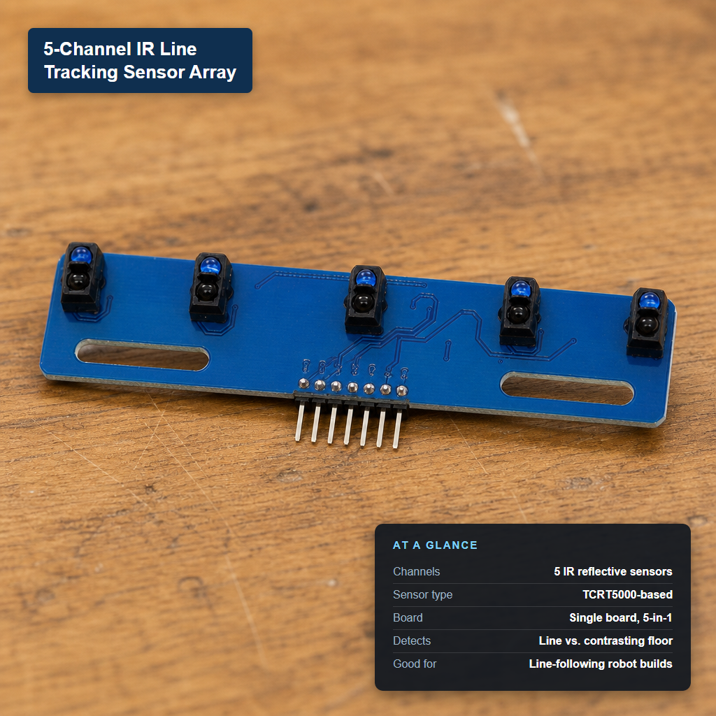 5-channel TCRT5000-based IR line-tracking sensor array board, shown with its key specs.