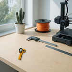 Real non-contact infrared thermometer composited onto a bright daylight workbench scene: a 3D printer, a spool of orange filament, digital calipers, a metal ruler, and a potted cactus by a sunlit window.
