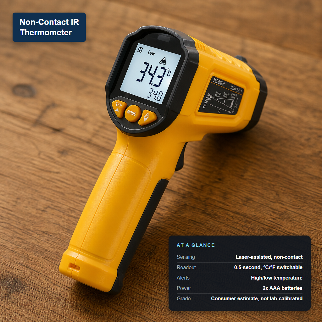Yellow and black non-contact infrared thermometer gun with an LCD readout showing 34.3 degrees Celsius, labeled with its at-a-glance specs.