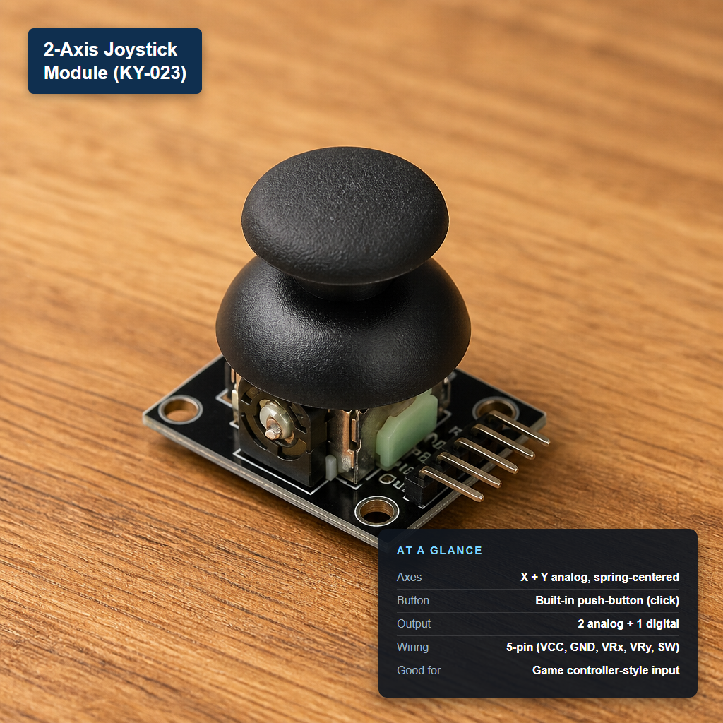KY-023 2-axis analog joystick module with at-a-glance spec card showing X/Y axes and built-in push-button